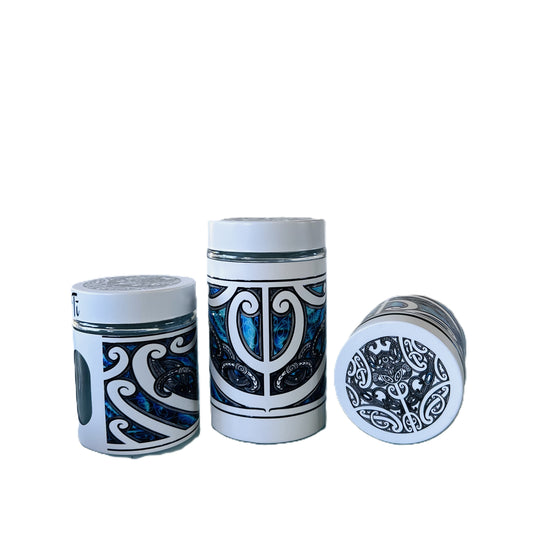 Three White canisters with Māori design Labelled Ti, Kawhe, Huka -Back image