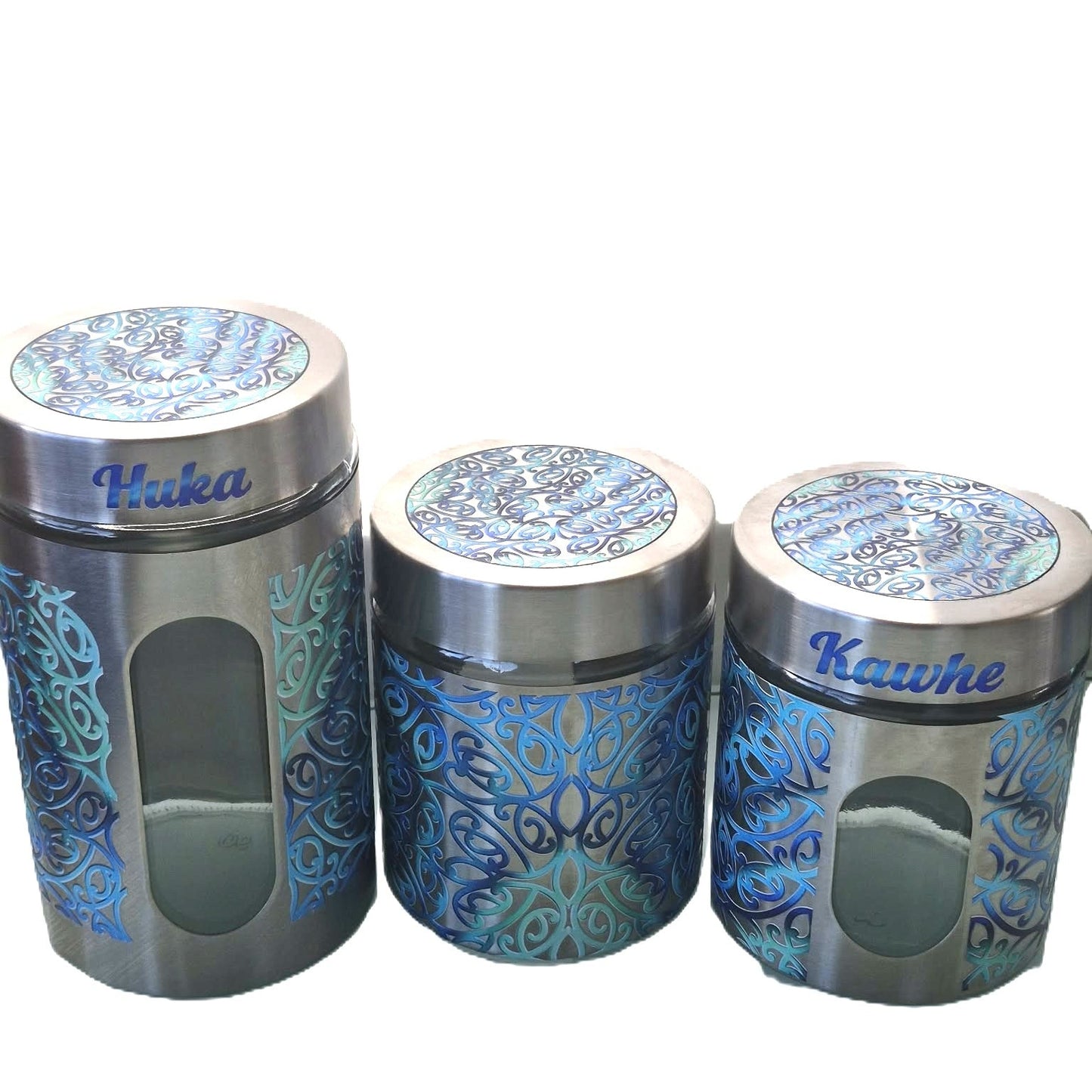 Silver &Glass canister with Māori pāua design – Kawhe
