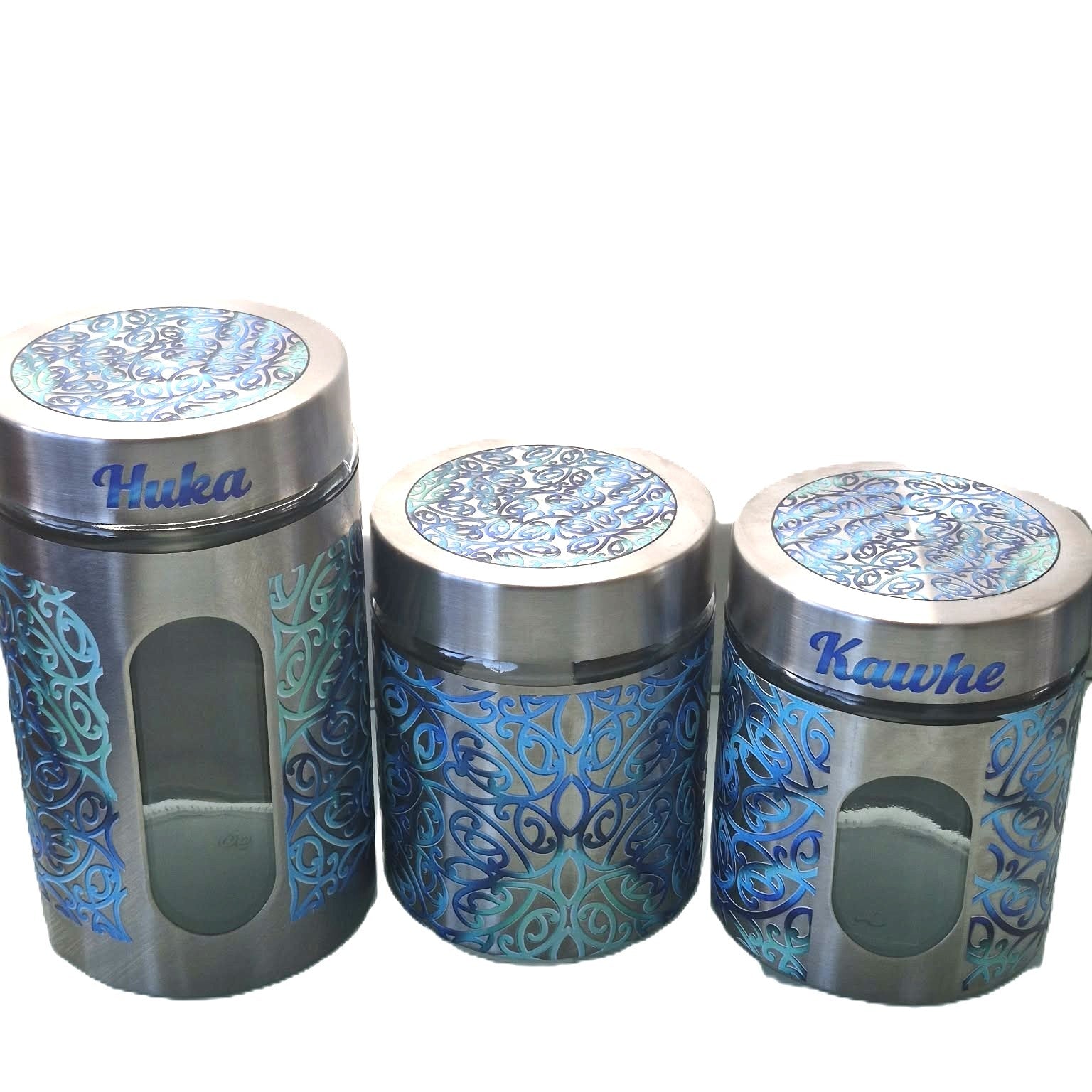 Silver &Glass canister with Māori pāua design – Kawhe
